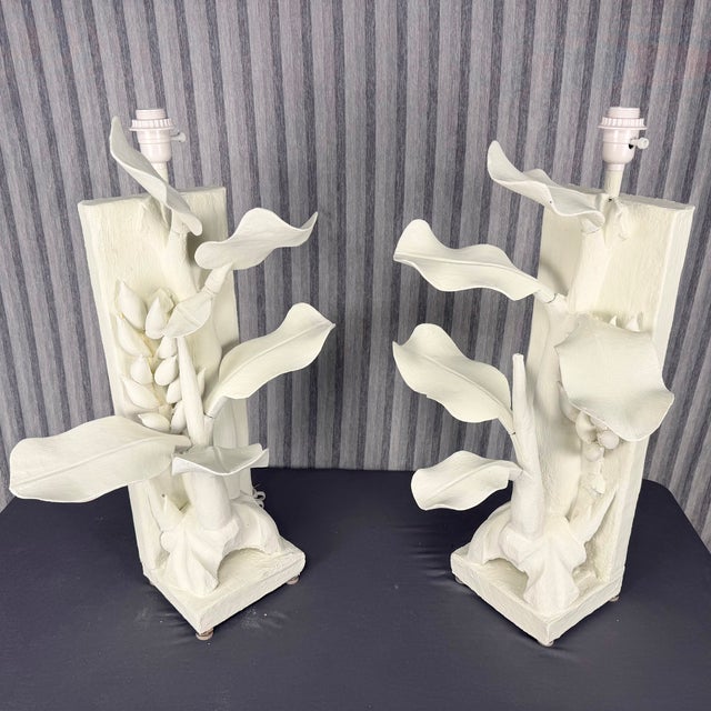 Wood 1990s Hand Carved Wood Banana Plant Lamps Finished in White Plaster - A Pair For Sale - Image 7 of 14