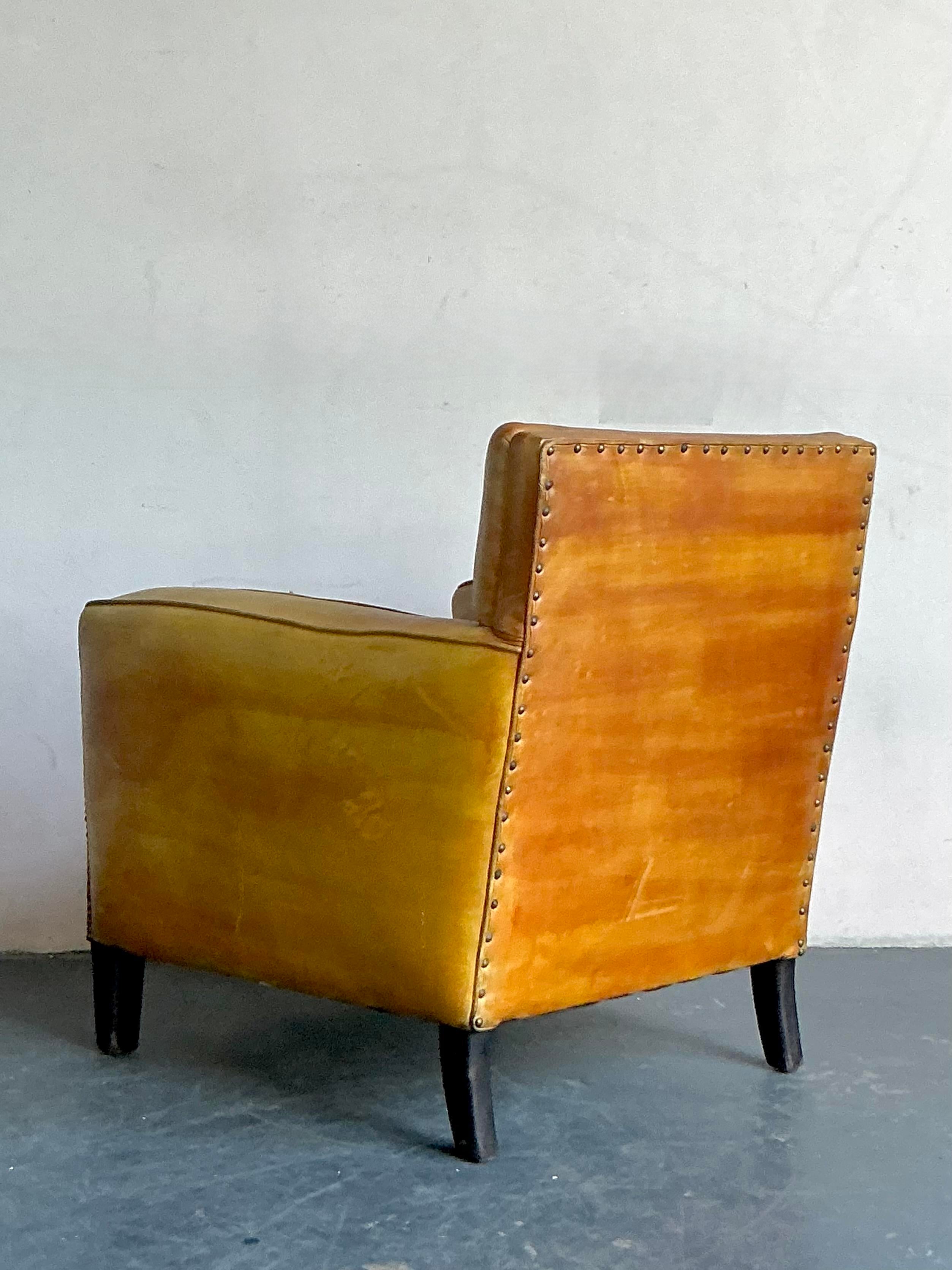 Vintage French Nailhead Stained Leather Club Chair | Chairish