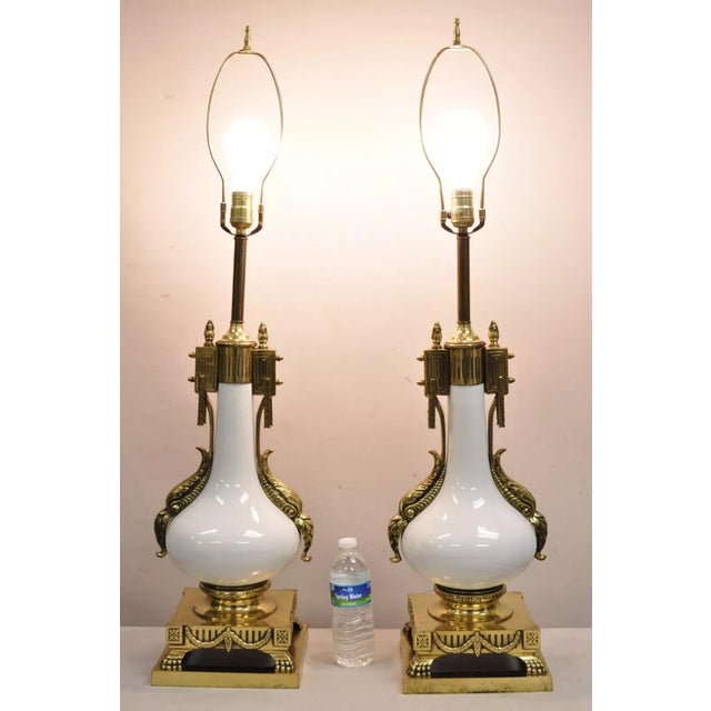 Vintage French Empire Neoclassical Style White Porcelain Bulbous Table Lamps with Ornate Polished Brass Ormolu - a Pair....