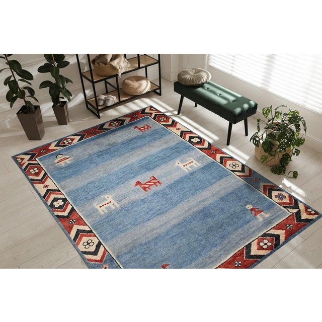 Textile 6x9 Blue Hand-Knotted Wool Figurative Sky Pattern Classic Traditional Carpet Rug For Sale - Image 7 of 7