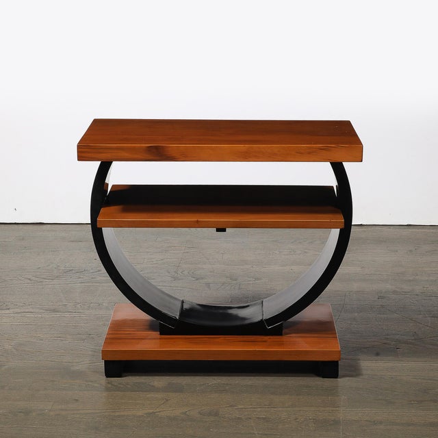 Wood Pair of Art Deco Machine Age Two-Tier Side Tables in Walnut & Black Lacquer For Sale - Image 7 of 18