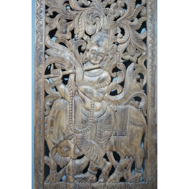 Brown Antique Indian Hand-Carved Krishna Solid Wood Barn Door | Architectural Wall Panel 72x36 For Sale - Image 8 of 8