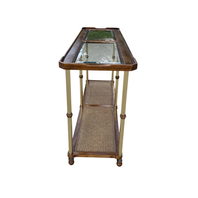 Vintage Hollywood Regency Faux Bamboo Brass Console Table With Cane Shelf & Double Glass Top | Chinoiserie Campaign Entry Table For Sale - Image 9 of 12