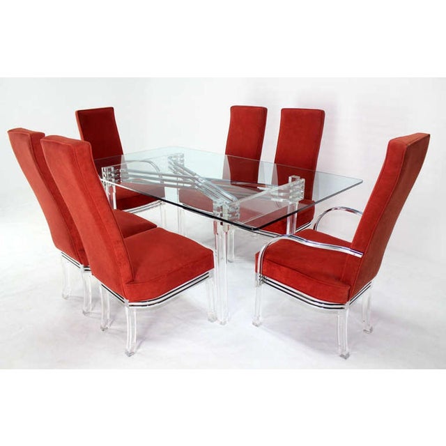 Mid Century Modern Set of Six Dining Chairs and Table in Lucite Chrome Glass Table 42"(D) x 60"(W) x 30"(H), chair 23"(D)...