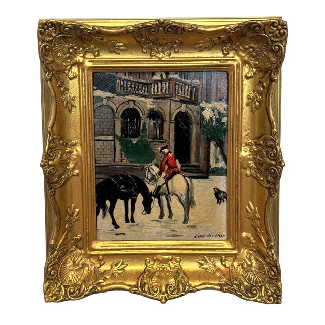 Carl Hoffman Original Oil Painting Horse Rider Dog Vintage European Landscape For Sale