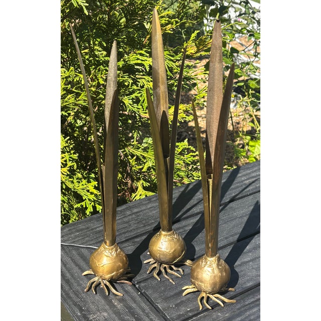 Vintage Italian Carnevale Brass Botanical Bulb Bud Vases - Set of 3 For Sale - Image 4 of 17