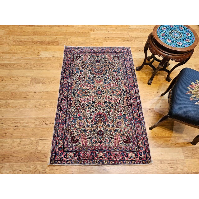 Vintage Persian Kerman Lavar Rug, Hand-Knotted Wool, Floral Pattern, Ivory & Blue, 3x5 For Sale - Image 9 of 12