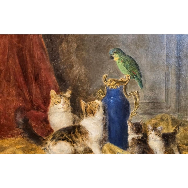 Louis Eugène Lambert- Four Cats Playing W/a Parrot- 19th Century Oil Painting For Sale In Los Angeles - Image 6 of 13
