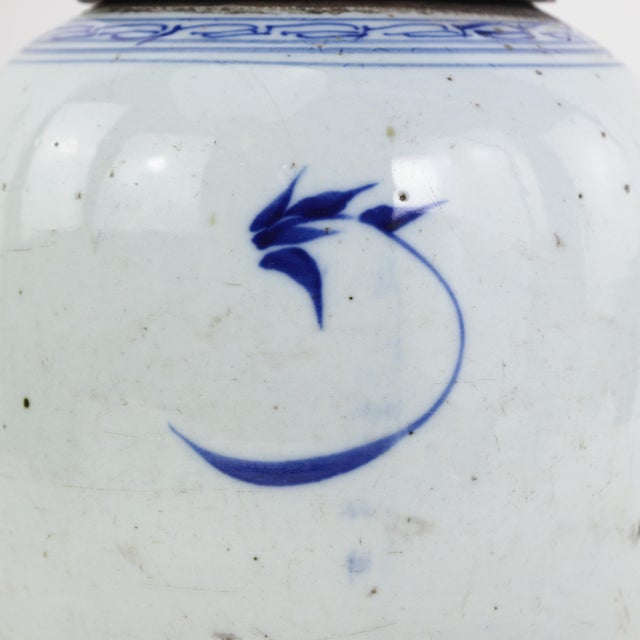 Blue and White Antique Porcelain Vase Lamp With Cobalt Floral Motif on Wood Base For Sale - Image 12 of 16