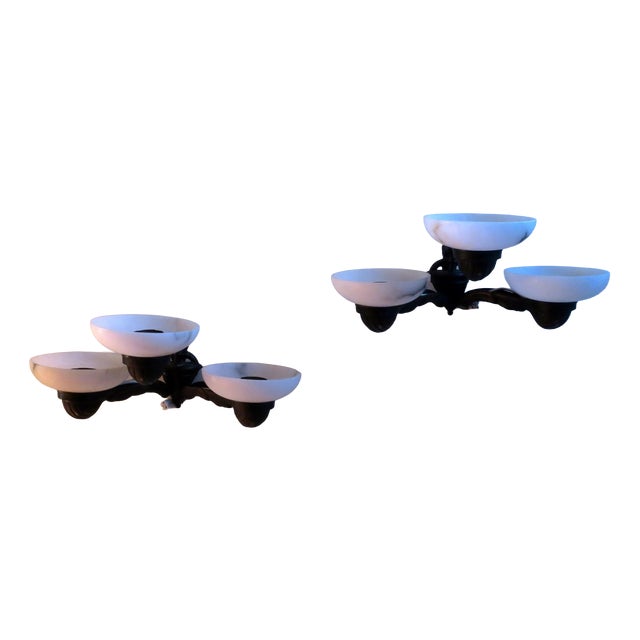 Antique Bronze and Alabaster 3-Arm Wall Lights 1910s, Set of 2 For Sale