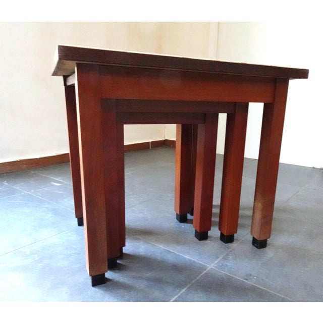 Vintage Wood Cigognes Nesting Tables with Blue Ceramic Tiles, 1950s, Set of 3 For Sale - Image 6 of 14