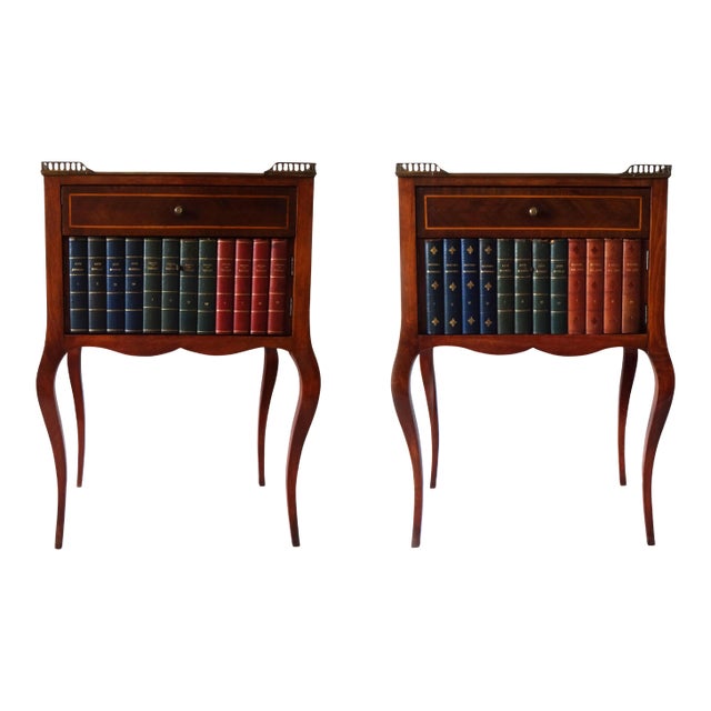 20th Century French Marquetry and Leather Faux-Book Front Tables - a Pair For Sale