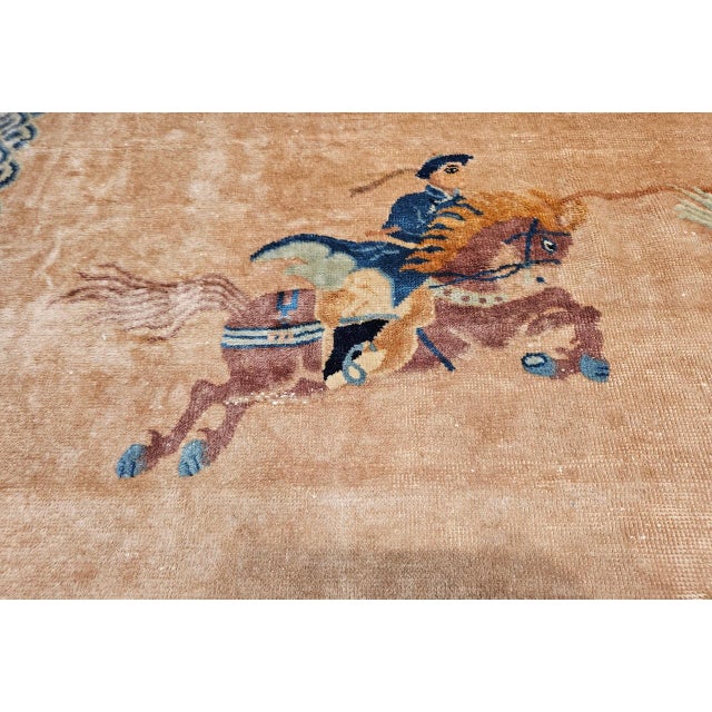 Tan Vintage Chinese Pictorial Area Rug, Handwoven Wool on Cotton, Tan & Blue, 4' x 6' For Sale - Image 8 of 13