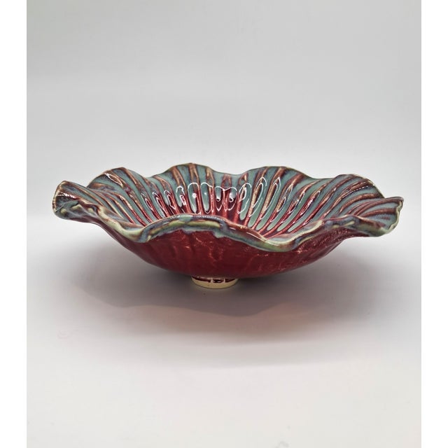 Burgundy Decorative Scalloped Pottery Bowl Burgundy and Teal Signed and Numbered For Sale - Image 8 of 8