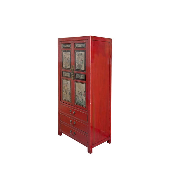 Asian Vintage Oriental Red Beige People Scenery Graphic Storage Cabinet For Sale - Image 3 of 14