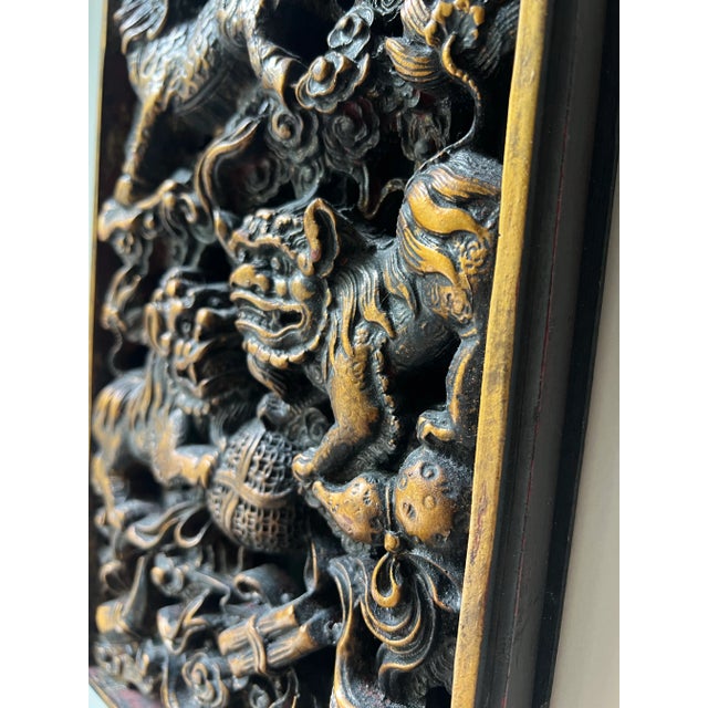 20th Century Carved Chinese Gilt Wood Panel With Foo Dogs and Mythical Creatures For Sale - Image 4 of 9