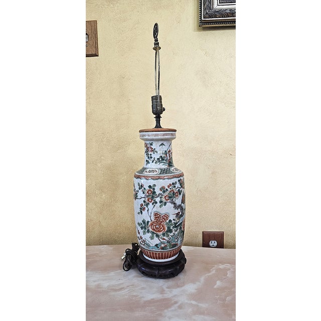 Vintage Chinese Famille Verte Style Porcelain Table Lamp With Hand Painted Birds & Peonies For Sale - Image 13 of 18