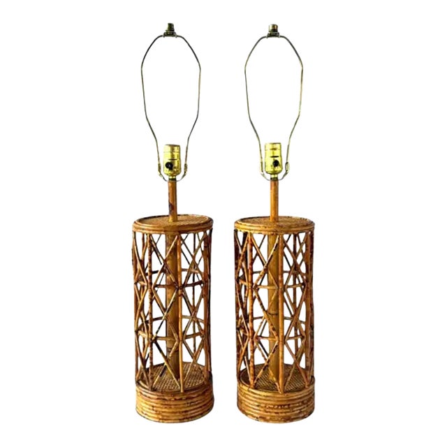 Vintage Mid Century Rattan and Bamboo Cylinder Table Lamps, a Pair For Sale