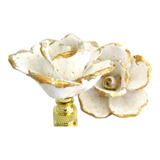 Vintage Italian Porcelain Rose Lamp Finials, Ivory With Gold Leaf , a Pair For Sale