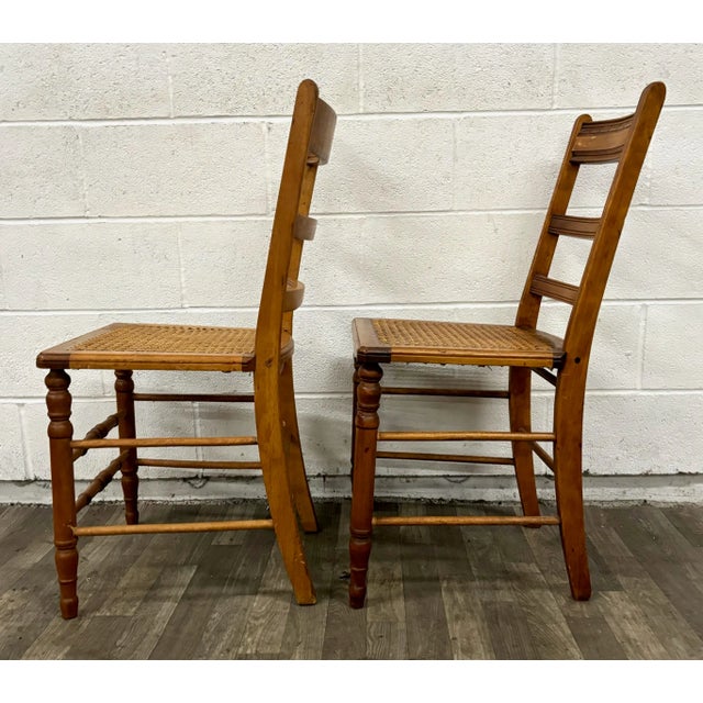Vintage Colonial Style Ladderback Cane Seat Dining Chairs - Pair For Sale - Image 4 of 6