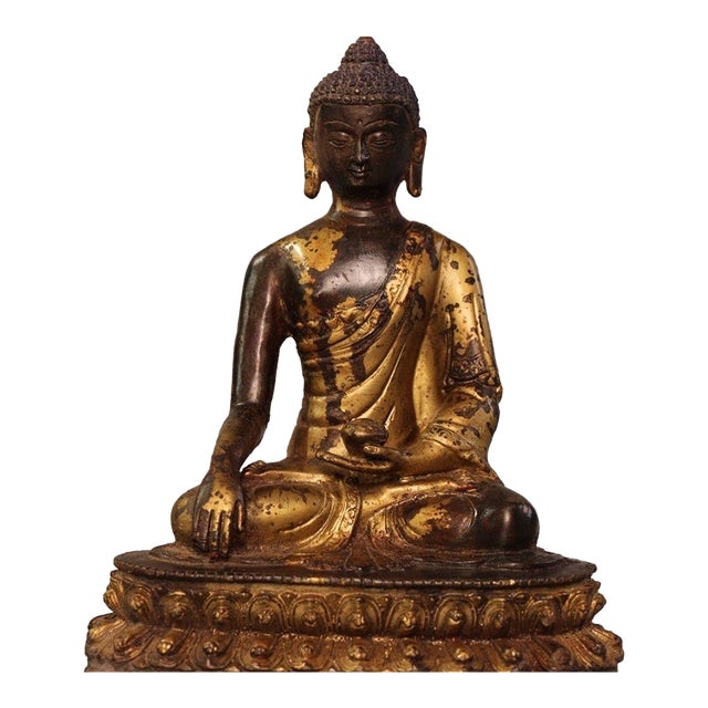 Vintage Gilt Patina Bronze Sakyamuni Buddha Seated Statue, Tibetan Buddhist Sculpture For Sale