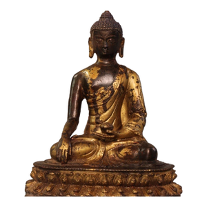 Vintage Gilt Patina Bronze Sakyamuni Buddha Seated Statue, Tibetan Buddhist Sculpture