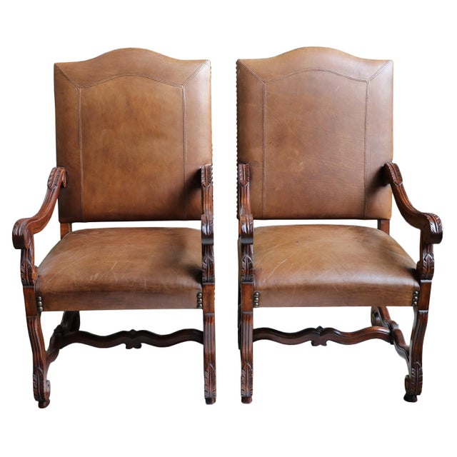 Leather Arm Chairs With Nail Head and Carving Details - A Pair For Sale - Image 4 of 9