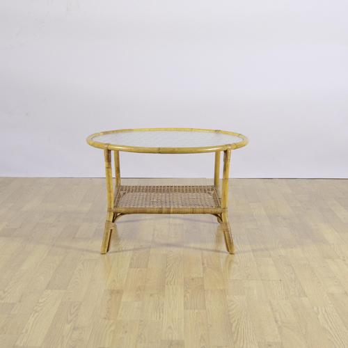 Round Bamboo and Rattan Coffee Table with Glass Top and Woven Shelf, 1950s For Sale - Image 9 of 9