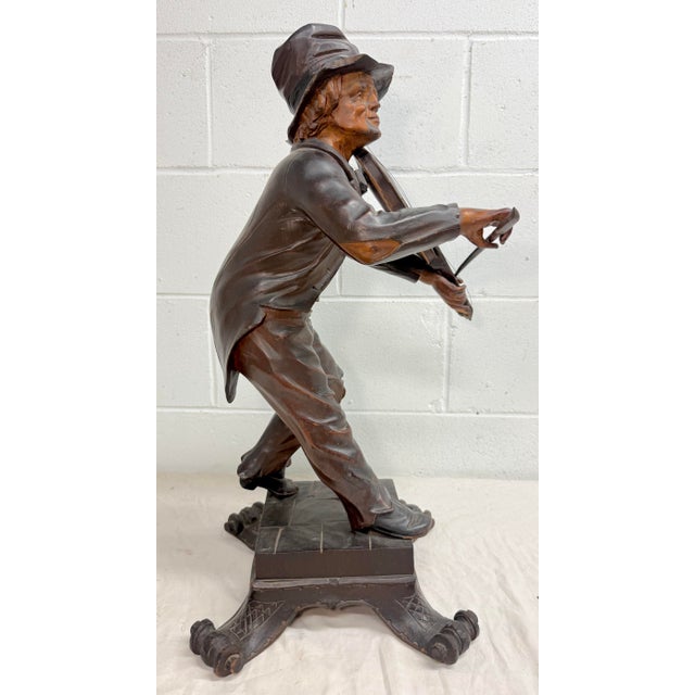 Large Antique European 1800's Carved Wood Fiddler Violinist Sculpture Statue Music For Sale - Image 4 of 18