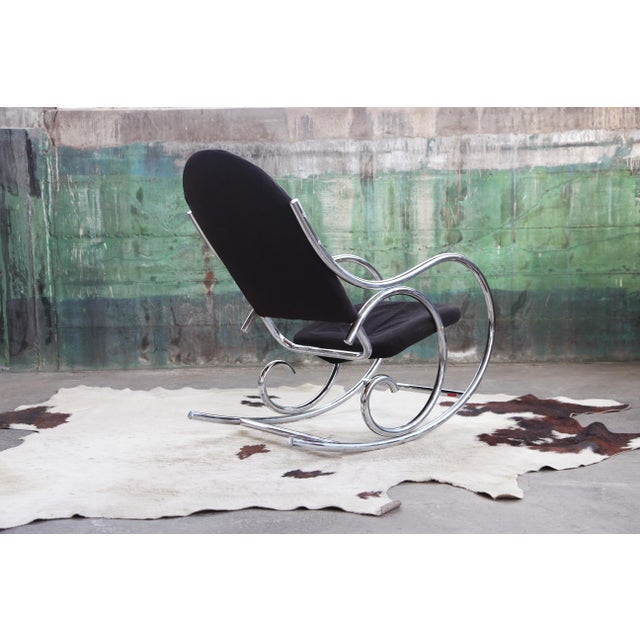 70s Sculptural Chrome + Black Velour Rocking Chair Rocker Manner Milo Baughman For Sale - Image 11 of 14