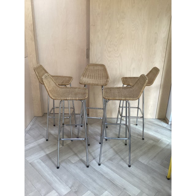 Rattan Bar Stools in the style of Perriand, 1970s, Set of 5 For Sale - Image 6 of 10