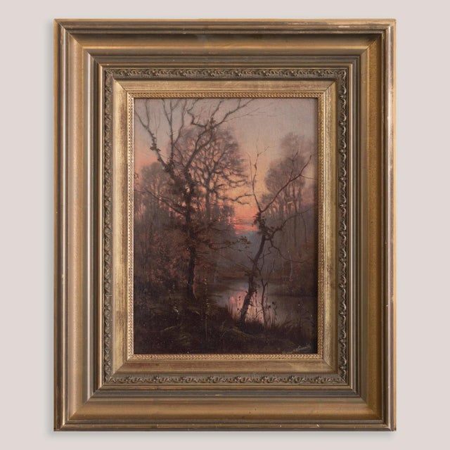 Wooded River Landscape at Sunset, 1800s, Oil on Board, in Very Good conditions. Designed before 1890