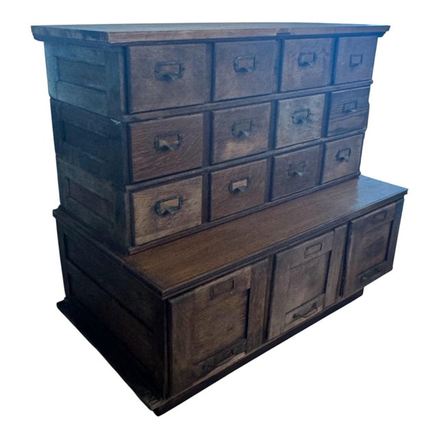 Antique Oak Card Catalog / Apothecary Cabinet Library Bureau 15 Drawers For Sale - Image 4 of 8