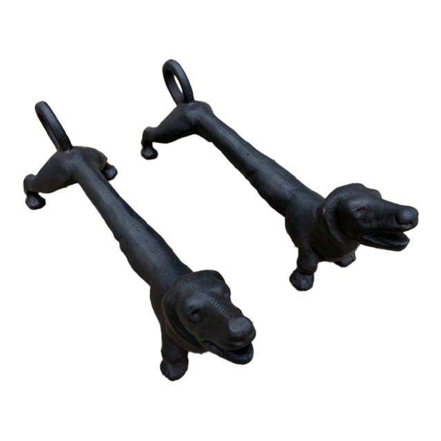 Pair of Early 20th Century Dachshund Cast Iron Andirons For Sale