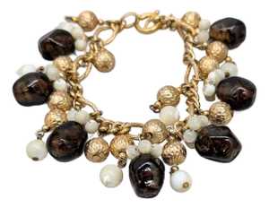 Vintage 1960s Signed Napier Goldtone Faux-Topaz & Mother of Pearl Charm Bracelet