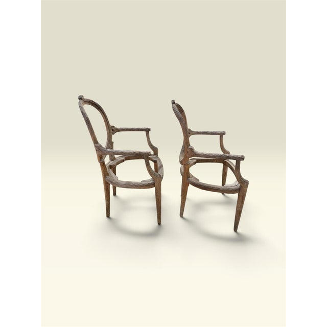 Pair of Vintage Louis XVI Style Hand-Carved Faux Bois Wood Armchairs – Upholstery Ready For Sale - Image 4 of 10
