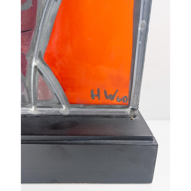 Red 1960's Mid-Century Stained Glass Window Panel of a Figure, Signed For Sale - Image 8 of 16