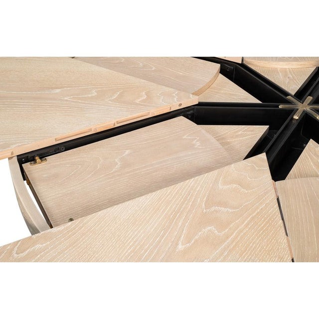 Wood Transitional Round Dining Table, Large - Bleached Oak With Hammered Iron Base For Sale - Image 7 of 11