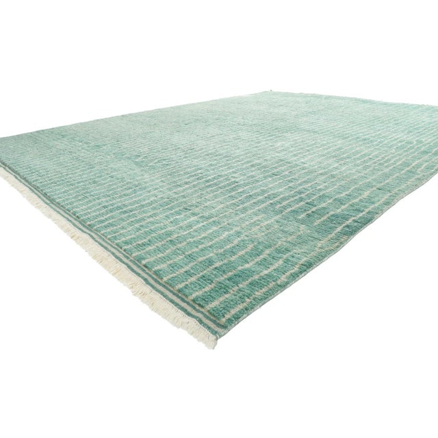 Contemporary Moroccan Style Rug 09'02 x 11'07. Channeling a coastal cottage with colors reminiscence of sea glass and...