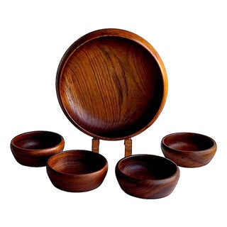 Mid 20th Century Hand-Turned Teak Wood Bowls, 5 Pieces For Sale