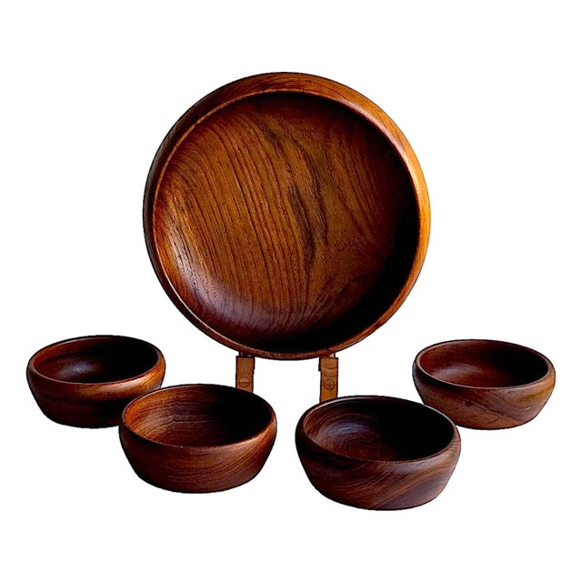 Mid 20th Century Hand-Turned Teak Wood Bowls, 5 Pieces For Sale