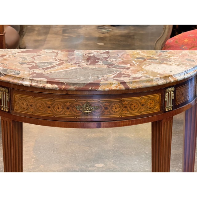 19th Century Marble Top Demi-Lune Console Table With Marquetry Frieze For Sale - Image 6 of 11