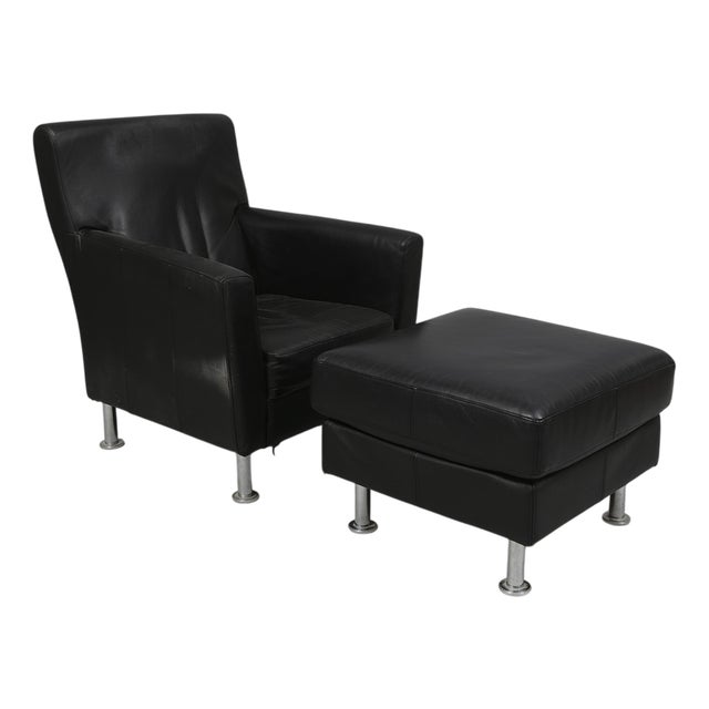Set of Lounge Chair and Ottoman in Black Leather, 1980s For Sale