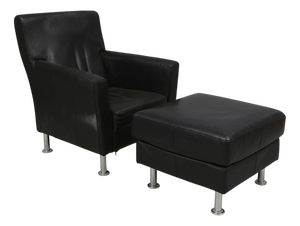 Set of Lounge Chair and Ottoman in Black Leather, 1980s