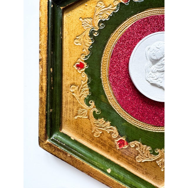 Traditional Intaglio on Florentine Frame Mixed Media by Dorothy Art, Emerald Green With Red For Sale - Image 3 of 6