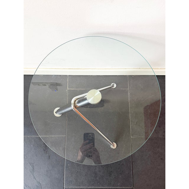 Silver Vintage Modern Minimalist Round Glass Side Table with Sculptural Chrome Base, 1990s For Sale - Image 8 of 15