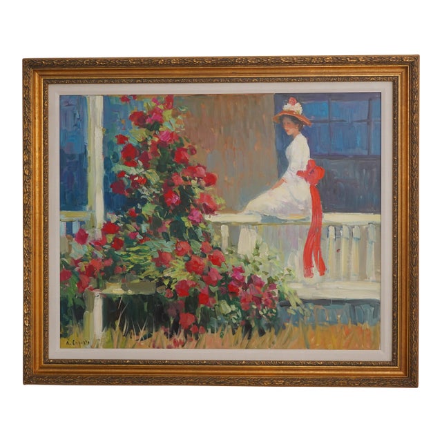 Artist Signed Vibrant Color Lady in Garden Oil Painting on Canvas For Sale