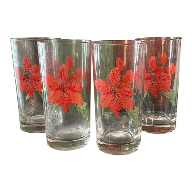 Late 20th Century Set of Four (4) Block Poinsettia Holiday Tall Glasses For Sale