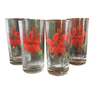 Late 20th Century Set of Four (4) Block Poinsettia Holiday Tall Glasses