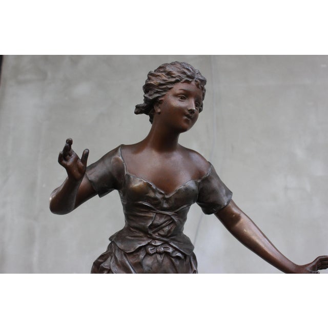 French Girl on Wood Base Statue by Rancoulet For Sale - Image 4 of 11